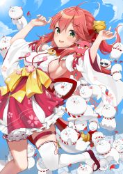 Rule 34 | 1girl, 35p (sakura miko), :d, absurdres, ahoge, animal, animal on shoulder, armpits, bell, blue sky, blush, bow, breasts, bridal garter, cat, cat on shoulder, cloud, cloudy sky, commentary, day, detached sleeves, geta, green eyes, hair bell, hair between eyes, hair ornament, highres, hololive, jumping, kintoki (sakura miko), long hair, looking at viewer, medium breasts, \\n/, nontraditional miko, open mouth, outdoors, pink hair, red footwear, sakura miko, sakura miko (1st costume), satobitob, side ponytail, sideboob, single thighhigh, sky, smile, solo, sun, sunglasses, thighhighs, thighs, virtual youtuber, white thighhighs, wide sleeves, x hair ornament