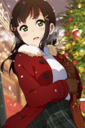 Rule 34 | 1girl, :d, alternate costume, bad id, bad pixiv id, bag, black hair, black skirt, blurry, blush, breath, brown gloves, casual, christmas tree, coat, depth of field, duffel coat, fur collar, gloves, green eyes, icehotmilktea, kurosawa dia, long hair, looking at viewer, love live!, love live! school idol festival, love live! sunshine!!, mole, mole under mouth, open clothes, open coat, open mouth, outdoors, red coat, shoulder bag, skirt, smile, snowing, solo, upper body, winter