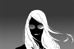 Rule 34 | 1boy, blonde hair, eyed silhouette, fate/grand order, fate (series), gradient background, grey background, grin, l1vwv1l, long hair, looking at viewer, male focus, monochrome, portrait, silhouette, smile, solo, sunglasses, tezcatlipoca (fate), upper body