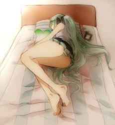 Rule 34 | 1girl, bare shoulders, barefoot, bed, closed eyes, feet, foreshortening, green hair, hatsune miku, long hair, lying, on side, panties, sketch, sleeping, solo, striped clothes, striped panties, syutyou, twintails, underwear, very long hair, vocaloid