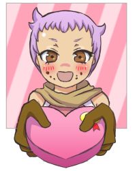Rule 34 | 1girl, bare shoulders, blush, brown eyes, cape, chocolate, gloves, heart, hermana larmo, open mouth, purple hair, short hair, tales of (series), tales of innocence