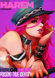 1girl, absurdres, april, armband, bracer, breasts, cigarette, close-up, collar, commentary, cover, english commentary, eyelashes, final fight, green eyes, hair between eyes, hat, highres, lipstick, magazine cover, makeup, medium breasts, monori rogue, nail polish, nose, one eye closed, peaked cap, pink hair, pink lipstick, pink nails, poison (final fight), purple background, riding crop, sideboob, solo, strap slip, tank top