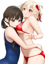 Rule 34 | 2girls, absurdres, bikini, biting, biting clothes, black hair, blonde hair, blue one-piece swimsuit, breasts, clenched teeth, from side, gibun (sozoshu), hair ribbon, hair tie, highres, inoue takina, long hair, looking at another, lycoris recoil, medium breasts, multiple girls, navel, nishikigi chisato, one-piece swimsuit, one side up, purple eyes, red bikini, red eyes, red ribbon, ribbon, school swimsuit, short hair, simple background, stomach, swimsuit, teeth, twintails, white background, yuri