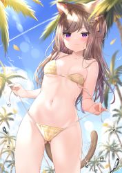 Rule 34 | 1girl, animal ears, areola slip, bad id, bad pixiv id, bare arms, bare shoulders, bikini, blue sky, blush, breasts, brown hair, cat ears, cat girl, cat tail, closed mouth, cloud, collarbone, commentary request, day, fang, fang out, fingernails, gluteal fold, groin, hair ornament, hairclip, highres, long hair, looking at viewer, mafuyu (chibi21), md5 mismatch, multicolored hair, navel, one side up, original, outdoors, purple eyes, purple hair, resolution mismatch, side-tie bikini bottom, sky, small breasts, smile, solo, streaked hair, striped bikini, striped clothes, swimsuit, tail, twitter username, untied bikini, very long hair, wet