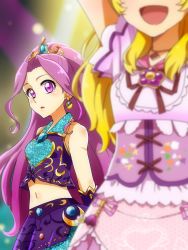 Rule 34 | 2girls, :d, aikatsu!, aikatsu! (series), bare shoulders, blonde hair, close-up, commentary request, crescent moon, crop top, dress, earrings, faceless, gloves, hair ornament, head out of frame, heart, highres, hoshimiya ichigo, idol, jewelry, kanzaki mizuki, long hair, looking at another, makeup, midriff, moon, multiple girls, open mouth, purple eyes, purple hair, sidelocks, sleeveless, smile, stage, stage lights, tiara, uogashi sorato, upper body, waving