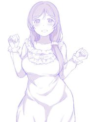 Rule 34 | 1girl, blush, clenched hands, collarbone, dress, duke (inu daimyou), frilled dress, frills, grin, hair ornament, hair over shoulder, hair scrunchie, hands up, long hair, long sleeves, looking at viewer, love live!, love live! school idol project, low-tied long hair, monochrome, purple theme, scrunchie, smile, solo, tojo nozomi