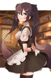 Rule 34 | 1girl, absurdres, alternate costume, apron, black hair, black thighhighs, blurry, blurry background, blush, breasts, enmaided, from side, genshin impact, green eyes, hair between eyes, hair ribbon, highres, kemile, long hair, looking to the side, maid, maid apron, medium breasts, mona (genshin impact), necktie, open mouth, ribbon, short necktie, short sleeves, solo, thighhighs, thighs, twintails, tying apron, very long hair, wrist cuffs, zettai ryouiki