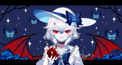 Rule 34 | 1girl, black choker, blue bow, bow, bug, butterfly, choker, commentary request, demon wings, dress, grin, hair between eyes, hand up, hat, hat bow, highres, holding, horns, insect, letterboxed, looking at viewer, original, outside border, red eyes, sailor collar, sheya, short hair, smile, solo, sparkle, straight-on, syringe, upper body, white dress, white hair, white hat, white sailor collar, wings