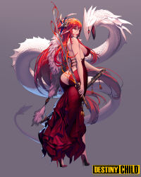 Rule 34 | 1girl, absurdres, ass, ass cutout, back, backless dress, backless outfit, breasts, clothing cutout, destiny child, dress, feather boa, hair between eyes, hair ornament, high heels, highres, holding, holding sword, holding weapon, hyulla, large breasts, long hair, monster, parted lips, red dress, red eyes, red footwear, red hair, red lips, revealing clothes, reverse grip, sheath, sideboob, sword, tassel, tiamat (destiny child), very long hair, weapon
