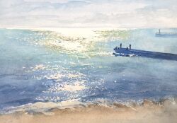 Rule 34 | 6+others, beach, highres, horizon, multiple others, original, painting (medium), pier, railing, reflection, reflective water, rock, sand, shore, sunlight, tlctm7h8wdwnthx, traditional media, water, watercolor (medium)