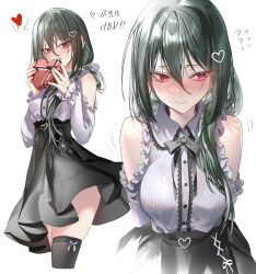 Rule 34 | 1girl, absurdres, arms behind back, averting eyes, bare shoulders, black nails, black skirt, black thighhighs, blush, box, closed mouth, cropped legs, fingernails, flying sweatdrops, green hair, hair between eyes, hair ornament, heart, heart-shaped box, heart hair ornament, highres, holding, holding box, long fingernails, long hair, long sleeves, looking at viewer, multiple views, original, pottsness, red eyes, sayano (yakob labo), second-party source, simple background, skirt, smile, spoken heart, thighhighs, white background