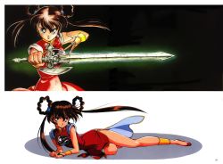 Rule 34 | 1990s (style), 1girl, absurdres, bracelet, breasts, brown hair, china dress, chinese clothes, dress, full body, gold trim, green eyes, highres, holding, holding weapon, jewelry, long hair, mamono hunter youko, mano youko, medium breasts, official art, retro artstyle, scan, shoes, simple background, sleeveless, solo, sword, twintails, weapon, yin yang