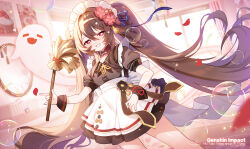 Rule 34 | 1girl, alternate costume, apple caramel, apron, black dress, blush, boo tao (genshin impact), breasts, brown hair, dress, enmaided, genshin impact, ghost, highres, hu tao (genshin impact), long hair, looking at viewer, maid, maid headdress, red eyes, small breasts, smile, symbol-shaped pupils, twintails, very long hair, waist apron, white apron