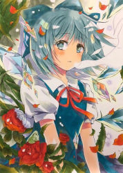 Rule 34 | 1girl, blue dress, blue eyes, blue hair, blurry, blush, bow, bowtie, bush, cirno, collar, collared shirt, crystal, dress, eyes visible through hair, flower, hair between eyes, ice, ice wings, leaf, looking to the side, marker (medium), open mouth, petals, red bow, red bowtie, red flower, rose, shirt, short hair, short sleeves, simple background, solo, touhou, traditional media, white background, white shirt, wings, yuzugoori