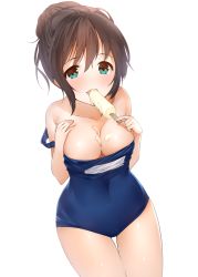 Rule 34 | 1girl, bad anatomy, bad id, bad proportions, bad twitter id, blush, breasts, brown hair, food, green eyes, large breasts, long hair, looking at viewer, melting, one-piece swimsuit, poorly drawn, popsicle, school swimsuit, sexually suggestive, simple background, smile, solo, swimsuit, takahata yuki, tamasaka makoto, thick thighs, thighs, tokyo 7th sisters