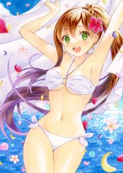 Rule 34 | 1girl, arms up, bed sheet, bikini, blue sky, breasts, brown hair, cloud, cloudy sky, commentary request, cowboy shot, day, earrings, flower, green eyes, hair flower, hair ornament, halterneck, hibiscus, highres, holding, holding sheet, horizon, jewelry, long hair, looking at viewer, marker (medium), medium breasts, navel, o-ring, o-ring bikini, ocean, open mouth, original, osumi izumi, outdoors, petals, ponytail, red flower, side-tie bikini bottom, sky, smile, solo, standing, swimsuit, traditional media, very long hair, white bikini, wind