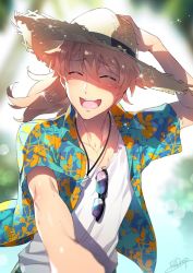 Rule 34 | 1boy, blurry, depth of field, dog tags, closed eyes, fate/grand order, fate (series), hat, hawaiian shirt, long hair, male focus, open clothes, open mouth, open shirt, ponytail, pov, redrop, romani archaman, shirt, signature, smile, solo, straw hat, sun hat, v-neck
