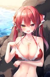 Rule 34 | 1girl, :d, absurdres, arm under breasts, beliatan, bikini, blurry, blurry background, blush, breasts, cleavage, collarbone, day, fang, hair between eyes, heart, heart necklace, heterochromia, highres, hololive, houshou marine, jewelry, large breasts, long hair, looking at viewer, navel, necklace, open mouth, outdoors, red bikini, red eyes, red hair, rock, skin fang, smile, solo, stomach, strap pull, swimsuit, twintails, virtual youtuber, water, yellow eyes