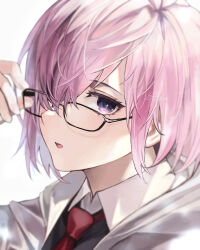 Rule 34 | 1girl, adjusting eyewear, black-framed eyewear, black shirt, collared shirt, commentary request, dated, fate/grand order, fate (series), glasses, grey jacket, hair over one eye, highres, hood, hood down, hooded jacket, jacket, light purple hair, looking at viewer, mash kyrielight, moon (bio7124), necktie, one eye covered, open clothes, open jacket, purple eyes, red necktie, shirt, short hair, signature, simple background, solo, upper body, white background