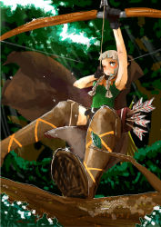 Rule 34 | 1girl, armpits, arrow (projectile), boots, bow (weapon), braid, brown eyes, cloak, dragon&#039;s crown, drawing bow, elf (dragon&#039;s crown), female focus, gloves, hanimitsu, holding, holding bow (weapon), holding weapon, hood, nature, one eye closed, outdoors, plant, pointy ears, solo, thigh boots, thighhighs, twin braids, weapon, white hair, wink