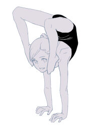 Rule 34 | 1girl, back, backless leotard, backless outfit, bare arms, bare legs, bare shoulders, barefoot, black leotard, child, dot nose, female focus, full body, greyscale, gymnastics, hair bun, handstand, kbrg, legs, leotard, looking at viewer, monochrome, original, parted lips, short hair, shoulder blades, simple background, smile, solo, standing, tareme, white background