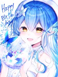 Rule 34 | 1girl, bare shoulders, beret, blue hair, blush, bug, butterfly, commentary request, elf, flower, glass, hair between eyes, hair flower, hair ornament, half updo, happy birthday, hat, holding, hololive, insect, long hair, looking at viewer, noyu (noyu23386566), open mouth, orb, pointy ears, shirt, sidelocks, simple background, sleeveless, sleeveless shirt, solo, virtual youtuber, white background, white hat, white shirt, yellow eyes, yukihana lamy