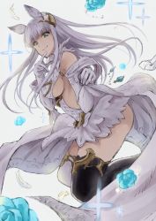 Rule 34 | 1girl, animal ears, asymmetrical legwear, backless dress, backless outfit, bare shoulders, black thighhighs, blue eyes, blunt bangs, breasts, closed mouth, dress, elbow gloves, erune, from side, gloves, granblue fantasy, hair ornament, highres, korwa, large breasts, long hair, looking at viewer, looking to the side, mismatched legwear, sideboob, silver hair, smile, solo, thighhighs, wee, white gloves, white thighhighs