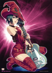 Rule 34 | 1girl, absurdres, arc system works, bare shoulders, black eyes, black hair, boots, guilty gear, guitar, hat, highres, i-no, instrument, koutaro, mole, mouth hold, plectrum, red hat, short hair, solo, thigh boots, thighhighs, witch hat, zettai ryouiki