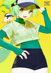 Rule 34 | 1girl, :3, absurdres, adidas, alternate costume, baseball cap, black shorts, blush, blush stickers, commentary, covered navel, cowboy shot, creature, creature and personification, cropped shirt, green hair, green shirt, hair between eyes, hand on own hip, hand up, hat, highres, holding, holding clothes, holding hat, layered shirt, logo parody, long sleeves, looking at viewer, low ponytail, one eye closed, open mouth, parody, ponytail, samong, see-through, see-through shirt, shirt, short shorts, shorts, sleeves past wrists, smile, solo, turtleneck, v-shaped eyebrows, voicevox, yellow background, yellow eyes, zundamon