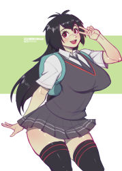 Rule 34 | 1girl, backpack, bag, black hair, bokuman, breasts, eyebrows, large breasts, long hair, looking at viewer, marvel, open mouth, peni parker, red eyes, school uniform, shirt, simple background, skirt, smile, solo, spider-man: into the spider-verse, spider-man (series), spider-verse, thighhighs