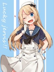 Rule 34 | 1girl, bad id, bad twitter id, blonde hair, blue eyes, character name, collarbone, commentary request, eriaru, gloves, hat, jervis (kancolle), kantai collection, long hair, looking at viewer, one eye closed, open mouth, ribbon, solo, twitter username, white gloves