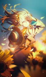 1girl blonde_hair dress floating_hair flower grey_eyes grey_hair hair_flower hair_ornament hat heterochromia highres holding holding_hat holding_unworn_clothes isekaijoucho kamitsubaki_studio long_hair looking_to_the_side petals red_eyes shading_eyes sky smile solo sunflower sunlight twilight walluka wind