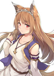 Rule 34 | 1girl, absurdres, alternate breast size, alternate costume, animal ear fluff, animal ears, breasts, brown hair, collarbone, detached sleeves, hentai kuwa, highres, holo, jewelry, large breasts, long hair, looking at viewer, maid headdress, pendant, red eyes, simple background, solo, spice and wolf, tail, white background, wolf ears, wolf tail