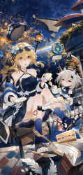Rule 34 | 2girls, :o, absurdres, animal ear fluff, blonde hair, book, cake, closed eyes, cup, drink, facing viewer, food, fork, genshin impact, highres, holding, holding drink, knees together feet apart, looking at viewer, lumine (genshin impact), multiple girls, paimon (genshin impact), plate, sidelocks, sitting, swkl:d, teacup, thighs, toes, white hair