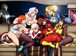 Rule 34 | 1boy, 6+girls, armor (x-men), ass, ass grab, black theme, blonde hair, breasts, couch, dark-skinned male, dark skin, domino mask, everyone, fantastic four, gwen stacy, hand on ass, harem, headband, hood, hoodie, ichiki hisako, indoors, interracial, invisible woman, iron man, jessica drew, kiss, large breasts, long hair, looking at viewer, marvel, mary jane watson, mask, unworn mask, miles morales, multiple girls, red hair, salaiix, silver sable, spider-gwen, spider-man (miles morales), spider-man (series), spider-woman, sue storm, superhero costume, tony stark, upside-down kissing