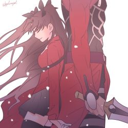 Rule 34 | 1girl, archer (fate), back-to-back, brown hair, byulrorqual, closed eyes, fate/stay night, fate (series), hair ribbon, head out of frame, kanshou &amp; bakuya (fate), ribbon, simple background, sword, tohsaka rin, two side up, weapon