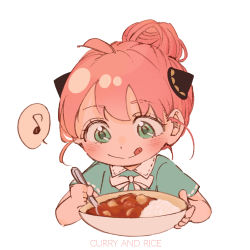 Rule 34 | 1girl, :q, absurdres, alternate hairstyle, anya (spy x family), blush, bow, bowl, child, closed mouth, curry, curry rice, english text, food, green eyes, green shirt, hair bun, hair ornament, hairpods, happy, highres, holding, holding spoon, licking lips, musical note, peanuts omr, pink hair, rice, shirt, single hair bun, smile, solo, spoken musical note, spoon, spy x family, tongue, tongue out, white bow