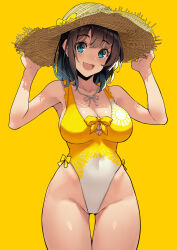 Rule 34 | 1girl, :d, bare arms, bare shoulders, black hair, blue eyes, blush, breasts, cleavage, collarbone, covered navel, cowboy shot, hat, highleg, highleg swimsuit, highres, kekemotsu, large breasts, looking at viewer, medium hair, one-piece swimsuit, open mouth, original, simple background, smile, solo, straw hat, swimsuit, thigh gap, thighs, two-tone swimsuit, yellow background, yellow theme
