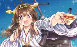 Rule 34 | + +, 10s, 1girl, :d, ahoge, bare shoulders, blush, breasts, brown hair, cleavage, cup, detached sleeves, hairband, hand on own cheek, hand on own face, headgear, japanese clothes, kamiya zuzu, kantai collection, kongou (kancolle), long hair, looking at viewer, open mouth, personification, smile, solo, tea, teacup, wide sleeves