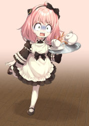 Rule 34 | 1girl, absurdres, ahoge, alternate costume, anya (spy x family), apron, black bow, black dress, black footwear, black hairband, blush, bow, child, cup, dress, enmaided, female focus, frilled apron, frilled sleeves, frills, full body, green eyes, hair bow, hairband, highres, holding, holding tray, juliet sleeves, long sleeves, maid, miyabi (miyabeeya), pantyhose, pink background, pink hair, puffy sleeves, saucer, shoes, solo, spy x family, square mouth, standing, standing on one leg, sweat, tea, teacup, teapot, teeth, tray, turn pale, upper teeth only, v-shaped eyebrows, white apron, white pantyhose, wooden floor