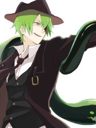 Rule 34 | 1boy, arc system works, blazblue, fedora, formal, green hair, hat, hazama, male focus, necktie, open mouth, short hair, snake, solo, suit, vest, yellow eyes