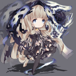 Rule 34 | 1girl, angry, bad id, bad pixiv id, blonde hair, blue eyes, blunt bangs, boots, chibi, choker, cloak, closed mouth, detached sleeves, dress, frown, grey background, highres, long hair, looking at viewer, possessed, red riding hood (sinoalice), sidelocks, simple background, sinoalice, solo, standing, standing on one leg, thigh boots, thighhighs, wavy hair, wolf, xxviii xi