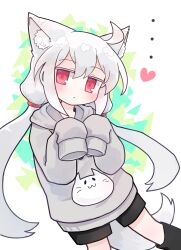 Rule 34 | ..., 1girl, ahoge, animal ear fluff, animal ears, black footwear, black shorts, blush, boots, closed mouth, colored eyelashes, commission, copyright request, feet out of frame, grey hair, grey hoodie, hair between eyes, hands up, heart, highres, hood, hood down, hoodie, kibisake, knee boots, long hair, long sleeves, looking at viewer, low twintails, puffy long sleeves, puffy sleeves, red eyes, shorts, skeb commission, sleeves past fingers, sleeves past wrists, solo, tail, twintails, very long hair