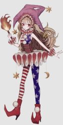 Rule 34 | 1girl, adapted costume, american flag, american flag dress, american flag legwear, bare shoulders, blonde hair, breasts, clownpiece, corset, dress, fairy wings, fingernails, fire, gradient background, grey background, hair between eyes, hair ornament, hat, high heels, highres, holding, holding torch, jester cap, leggings, light blush, long hair, looking at viewer, nail polish, neck ruff, pantyhose, parted lips, print legwear, print pantyhose, red eyes, red nails, sharp fingernails, sleeveless, sleeveless dress, small breasts, solo, star (symbol), star hair ornament, star print, torch, touhou, very long hair, wings, zabu rou