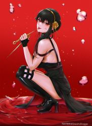 Rule 34 | 1girl, absurdres, black dress, black gloves, black hair, black thighhighs, blood, blood stain, boots, breasts, dagger, dress, fingerless gloves, floral print, flower, from side, full body, gloves, gold hairband, greatodoggo, hair flower, hair ornament, hairband, high heel boots, high heels, highres, holding, holding dagger, holding knife, holding weapon, knife, large breasts, licking, long hair, looking at viewer, looking to the side, pool of blood, red background, red eyes, rose, rose print, sidelocks, solo, spikes, spy x family, squatting, thigh boots, thighhighs, thighs, tongue, tongue out, twitter username, two-sided dress, two-sided fabric, water drop, weapon, yor briar