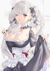 Rule 34 | 1girl, akapug621, azur lane, bare shoulders, between breasts, black dress, black nails, black ribbon, breasts, cleavage, clothes lift, clothing cutout, detached collar, dress, dress lift, earrings, formidable (azur lane), frilled dress, frills, hair ribbon, jewelry, large breasts, long hair, looking at viewer, nail polish, one eye closed, platinum blonde hair, red eyes, ribbon, shoulder cutout, solo, twintails, two-tone dress, two-tone ribbon, very long hair, white dress, white ribbon