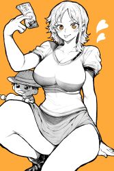 Rule 34 | 1girl, absurdres, blush, breasts, character doll, greyscale with colored background, heart, highres, holding, holding money, large breasts, looking at viewer, money, monkey d. luffy, monochrome, nami (one piece), one piece, orange background, orange eyes, shirt, short sleeves, simple background, sitting, skirt, solo, spot color, yotsumi shiro