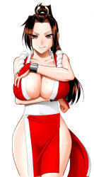 Rule 34 | 1girl, bad source, bare shoulders, blush, breasts, brown eyes, brown hair, cleavage, high ponytail, japanese clothes, large breasts, long hair, looking at viewer, mokkouyou bond, ninja, pelvic curtain, ponytail, revealing clothes, rope, shiranui mai, sleeveless, smile, snk, solo, sweat, the king of fighters, thighs