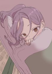 Rule 34 | 1girl, absurdres, blush, brown eyes, commentary request, covered mouth, dutch angle, futon, hair between eyes, hand up, highres, looking at viewer, lying, on side, parted bangs, pillow, ponytail, purple hair, solo, soredemo ayumu wa yosetekuru, tatami, under covers, yamamoto souichirou, yaotome urushi