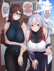 Rule 34 | 2girls, absurdres, ao banana, bare shoulders, blush, braid, breasts, yu mei-ren (fate), fate/grand order, fate (series), glasses, hard-translated, highres, jewelry, large breasts, long hair, multiple girls, ponytail, red eyes, ribbed sweater, ring, sweater, third-party edit, tomoe gozen (fate), translated, turtleneck, white hair